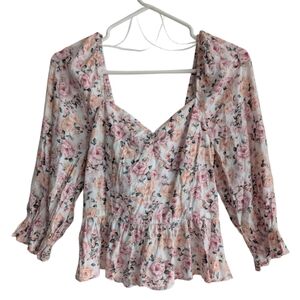 Miami Women's Small Pink Floral Puff Sleeve Tie Bacl Sweetheart Neck Top